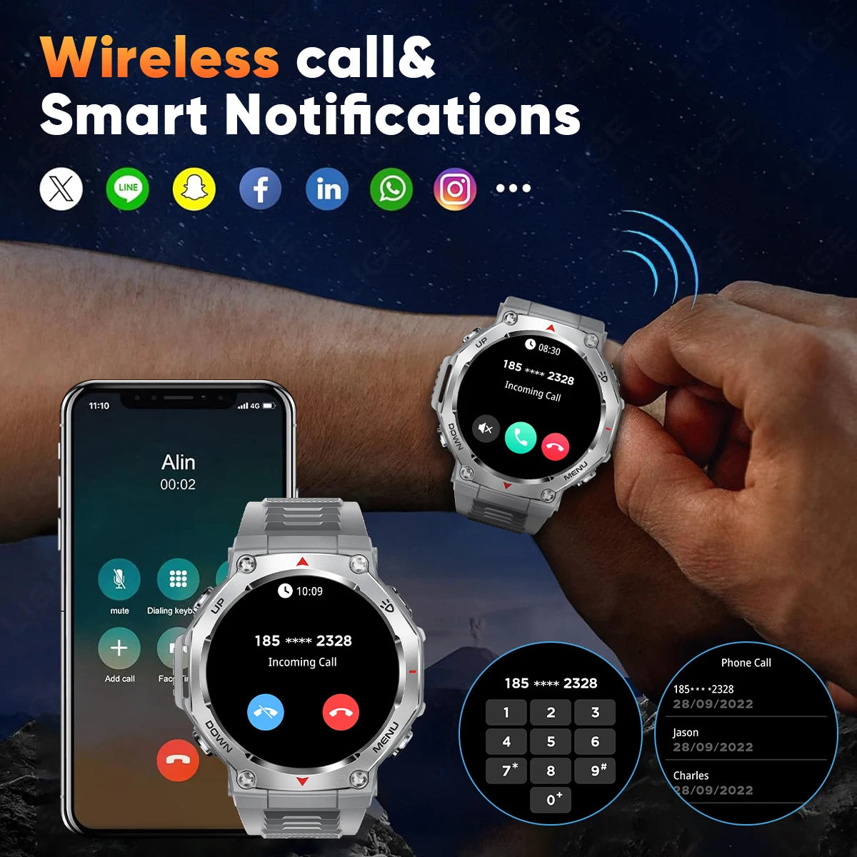 LIGE New 1.43 inch AMOLED Screen Smart Watch 525mAh Big Battery BT Call IPX8-5ATM Waterproof Sports Smartwatch For Android ios