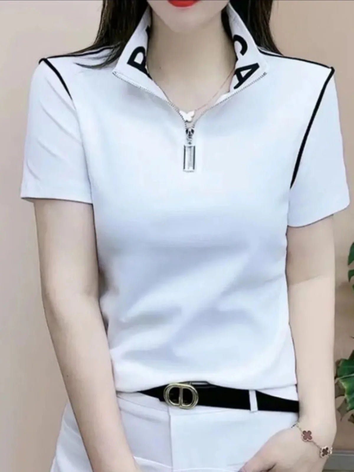 ort Sve T-irt Women's Summer New Faion irt Zipper Collar Mom's Clothes Anti-Aging Base Layer Top Polyester Fiber