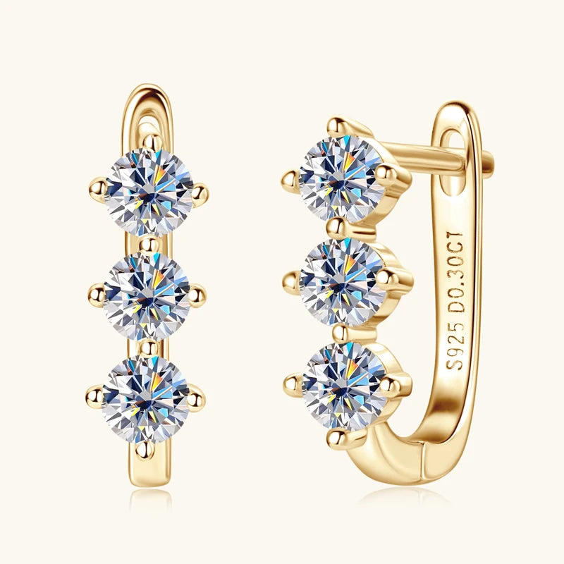 Lnngy Korean INS 3mm Three Stone Moissanite Earrings For Women 925 Sterling Silver U-Shaped Earrings Hoop Pendientes Jewelry