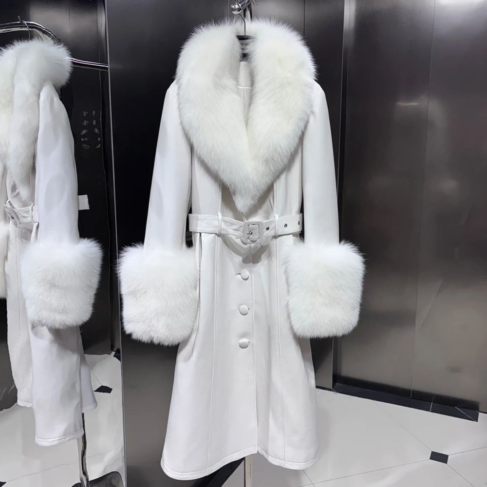 Black Leather Jacket With Fox Fur Collar Real Sheepskin Long Leather Jackets Leather Jacket Women 2025 Winter