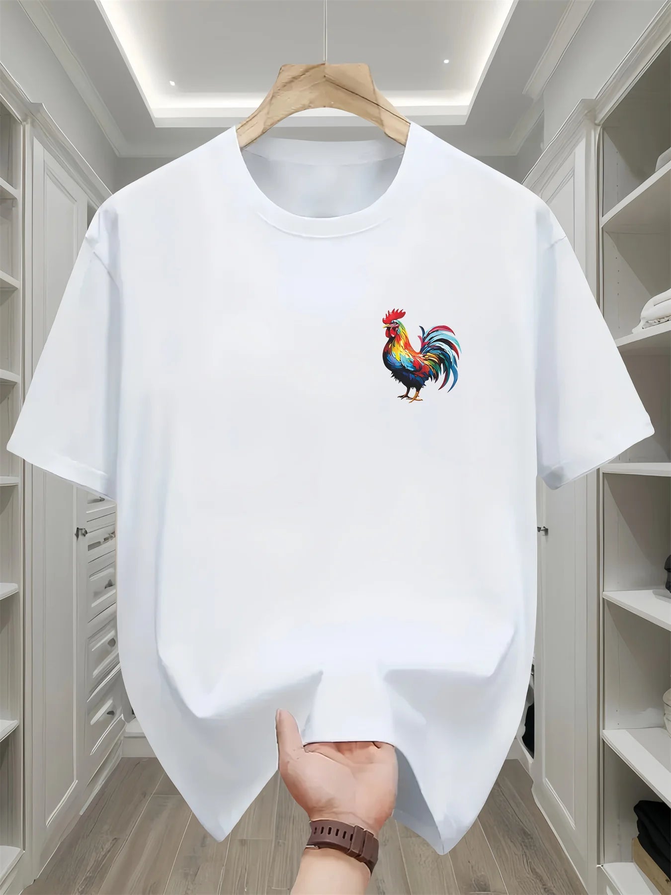 Men's summer 100% pure cotton fashionable casual loose sports bright rooster print round neck short sleeved T-shirt top