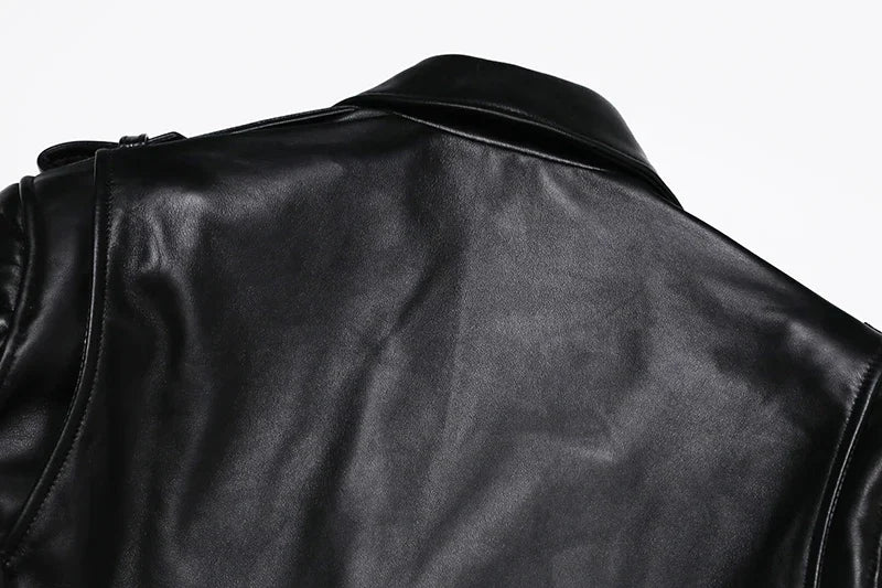 New Sheepskin Genuine Leather Moto Jacket – Slim Oblique Zipper Short Coat for Men
