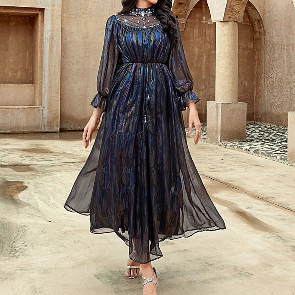 Rafiah Autumn Arabian Dress 2025 Women's Elegant Basics Contrast Color Diamonds Long Sleeve Mock Neck Gauze Dress