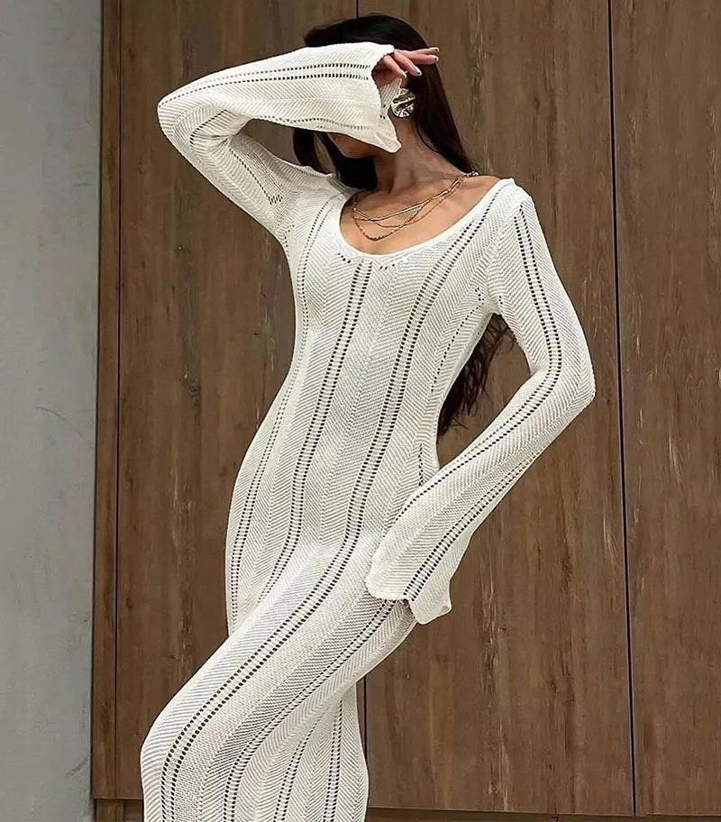 Knitted Hollow Out Maxi Dress – Women's Long Sleeve Off Shoulder Slim Fit.White/Black