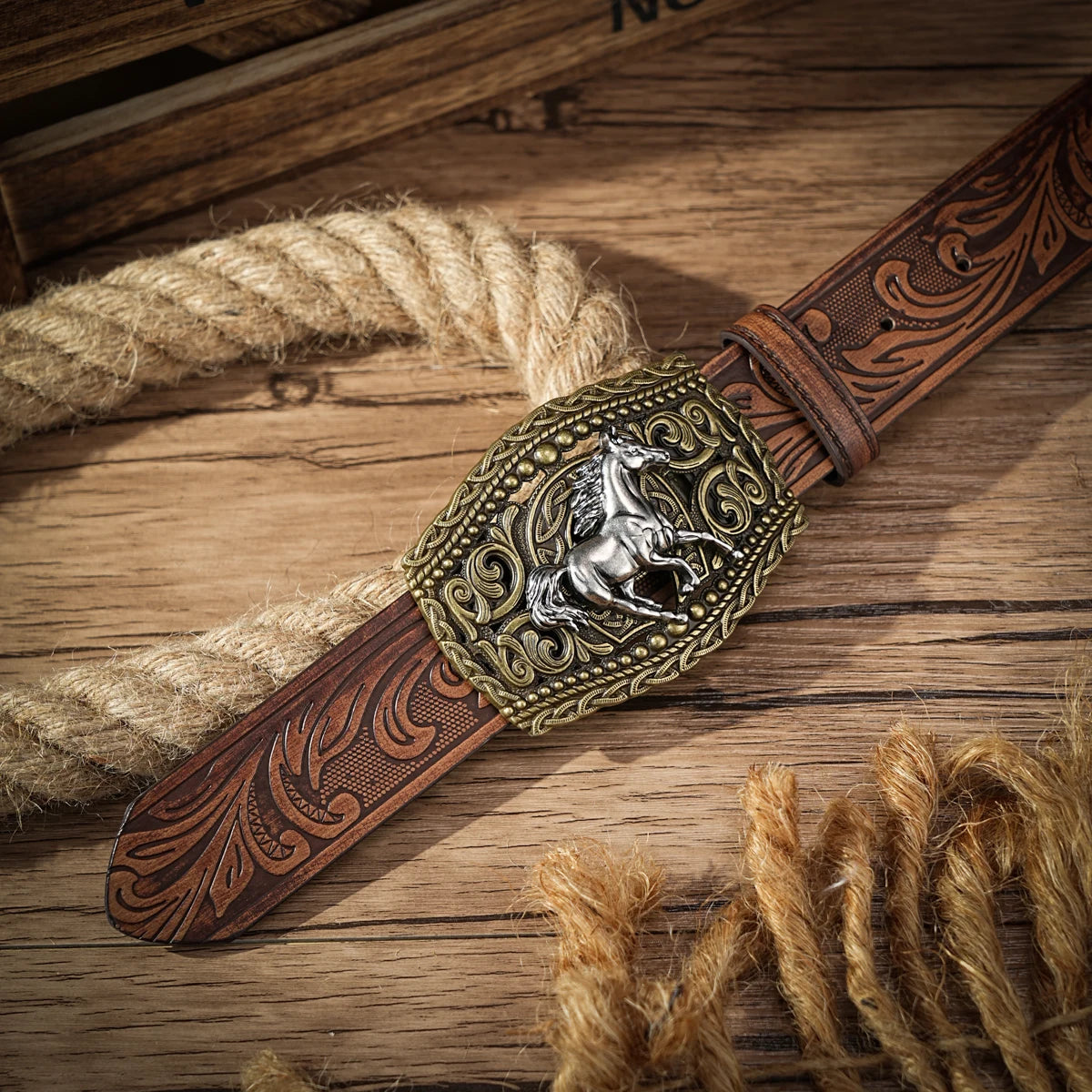 Western Cowboy PU Leather Belt - Men Waist Strap Bull Decoration Floral Engraved for Jeans