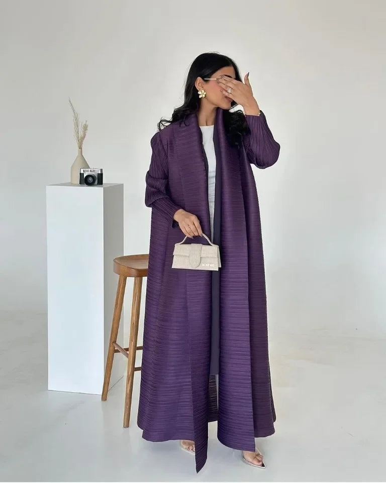 KAF Pleated Women Trench Coat Vintage Printed Cardigan Design Loose Plus Size Women Long Dress Dubai Female Luxury Abaya 2024