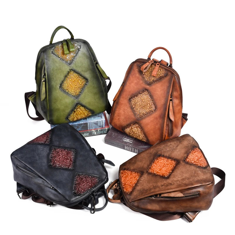 Handmade Retro Embossed Floral Backpack For Women Genuine Cowhide Leather Fashion Women Bag Solid Color Muti-function Backpacks