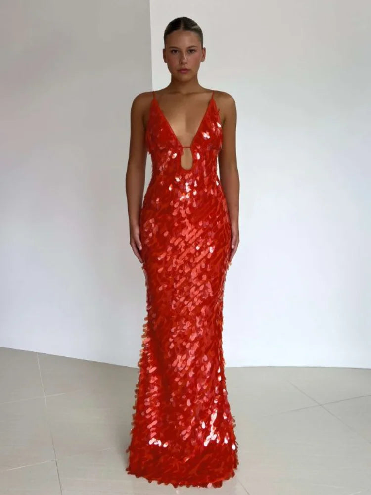 Glitter Sequins Spaghetti Strap Evening Gown – Women’s Sleeveless Backless Floor-Length Party Dress