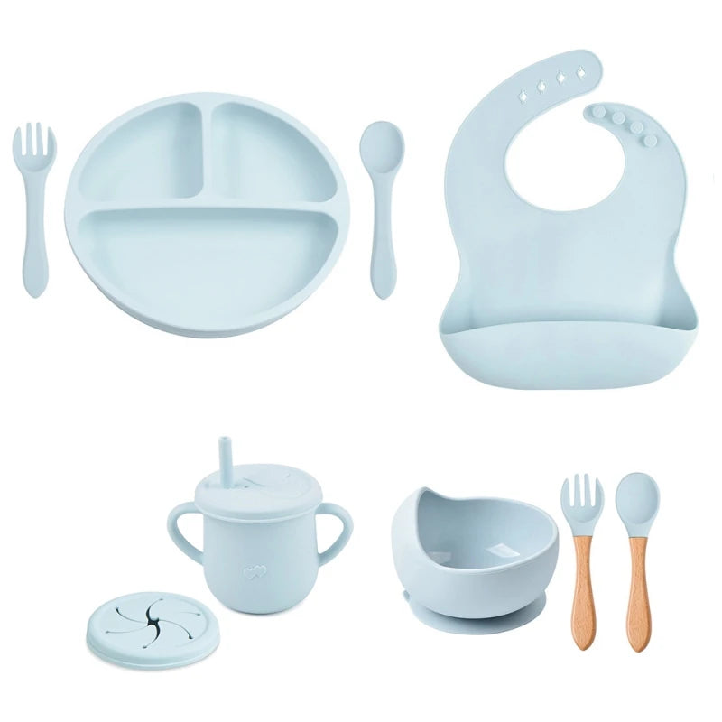 9pcs Baby Silicone Feeding Waterproof Set Children Suction Bowl Plate Spoon Fork Bibs Cup Kids Training Tablewear Bpa Free Gifts
