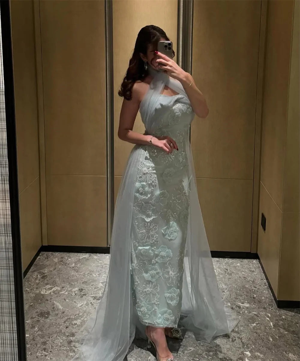 Mila Green رسن الرقبة غمد فساتين السهرة الدانتيل والتطريز فساتين الحفلات زهرة مخصصة 2025 جديد في الفساتين