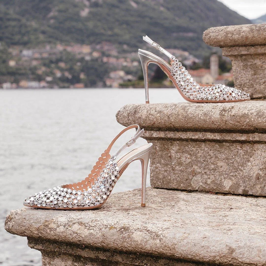 Silver Water Drop Shiny Diamond Slingback Sandals Girls Luxury Party Pointed Stilettos Gold Leather Cover Heels Shoes
