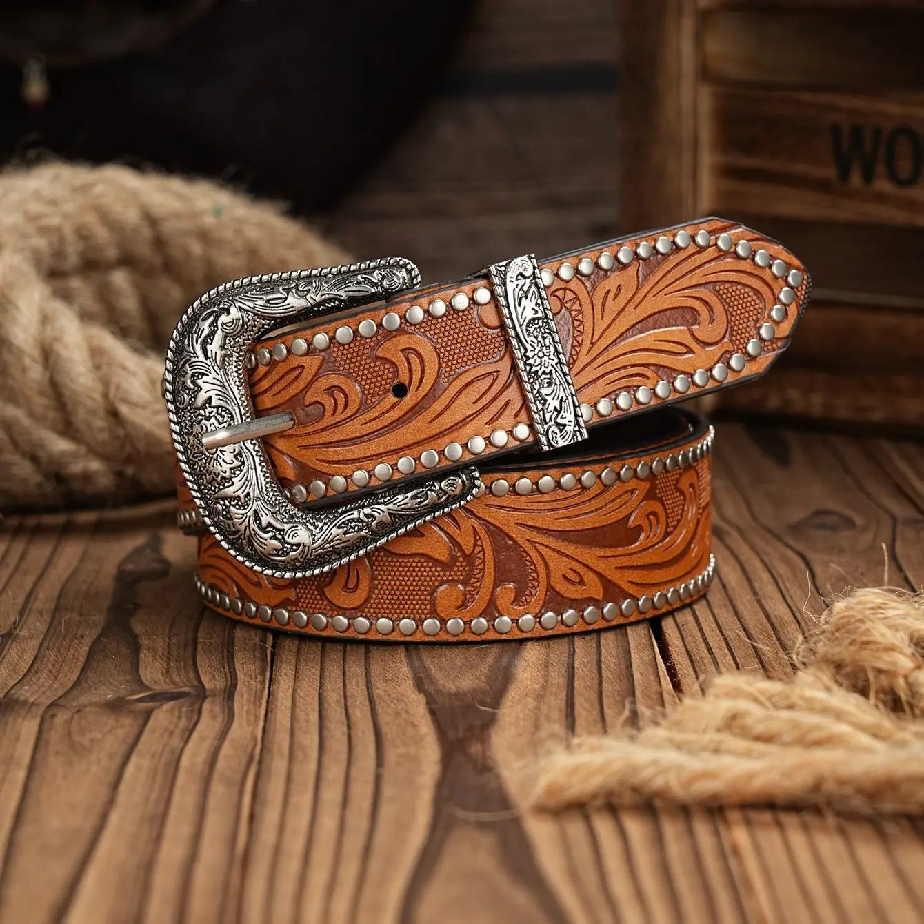 Western Cowboy PU Leather Belt - Men Waist Strap Bull Decoration Floral Engraved for Jeans