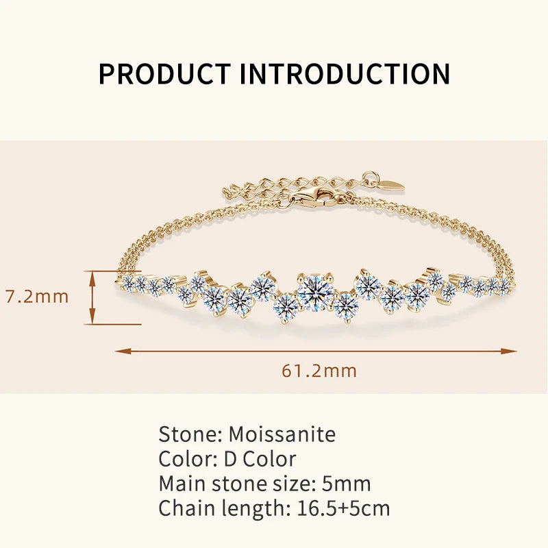 Lnngy Moissanite Bracelet With Certificate 925 Sterling Silver Adjustable Double Chain Bracelets for Women Wedding Jewelry Gift
