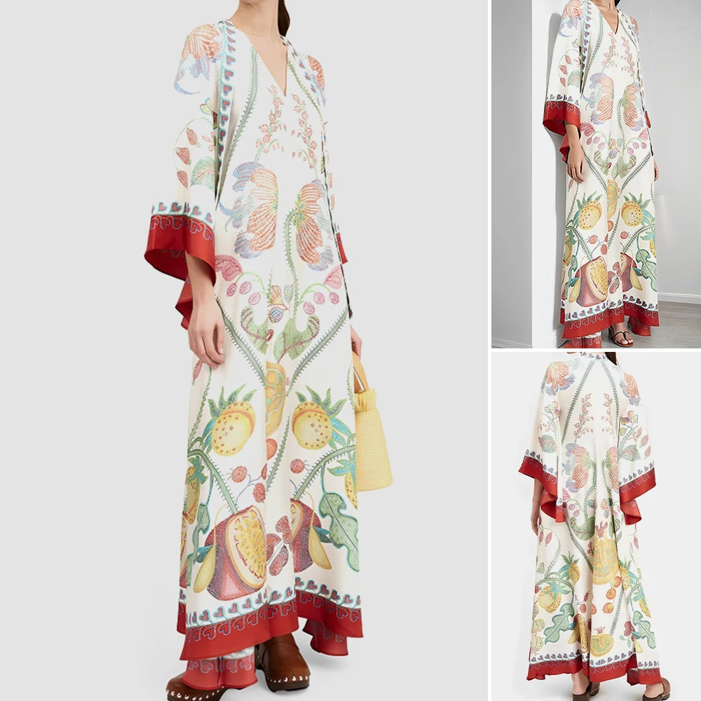 Rafiah Women's Arabian Dress Autumn Winter 2025 Fashion Casual Floral Full Print Long Sleeve V-Neck Arabian Dress For Women