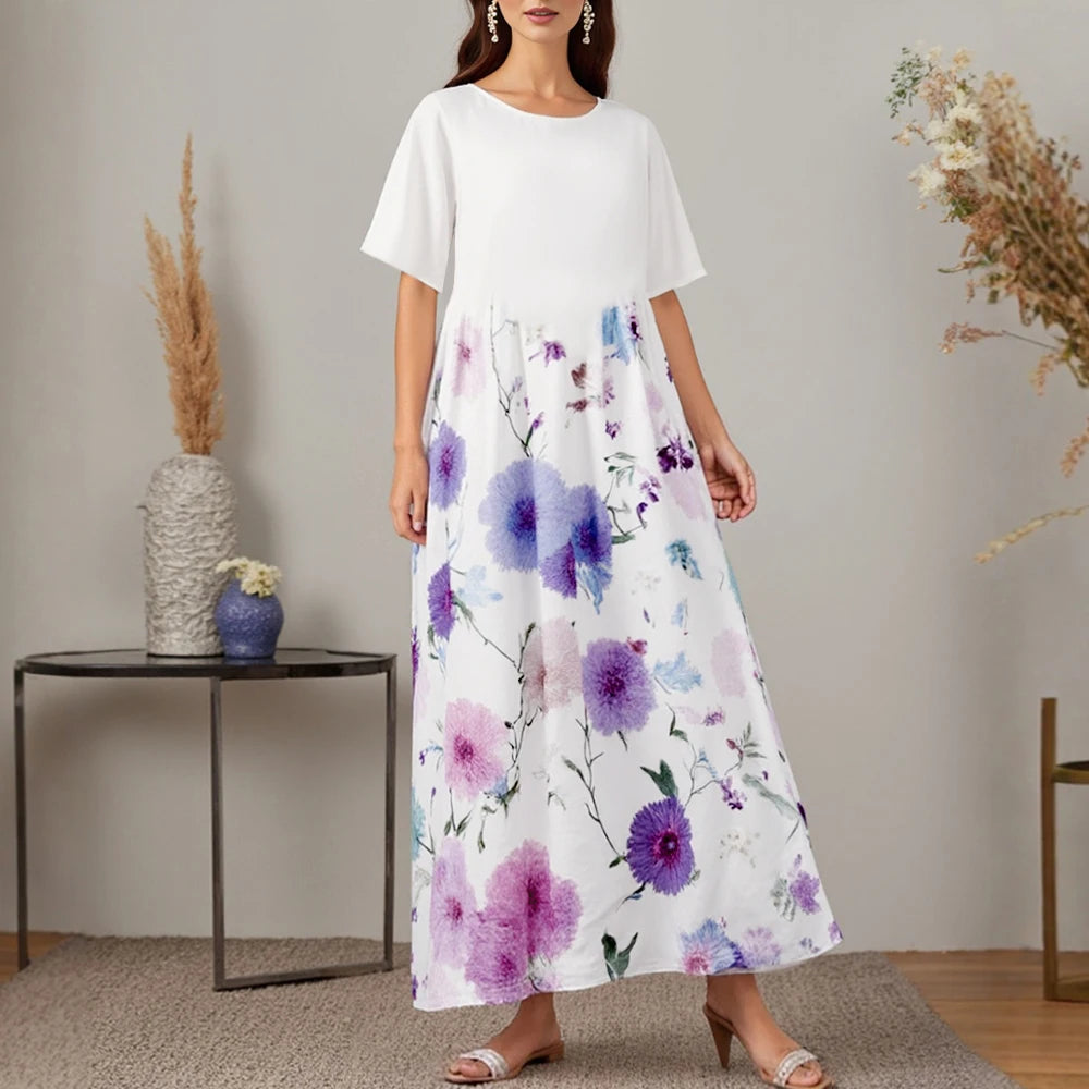 Rafiah Summer Arabian Dress 2025 Women's Decent Flower Print Short Sleeve Round-Neck A-Line Daily Basic Midi Dress