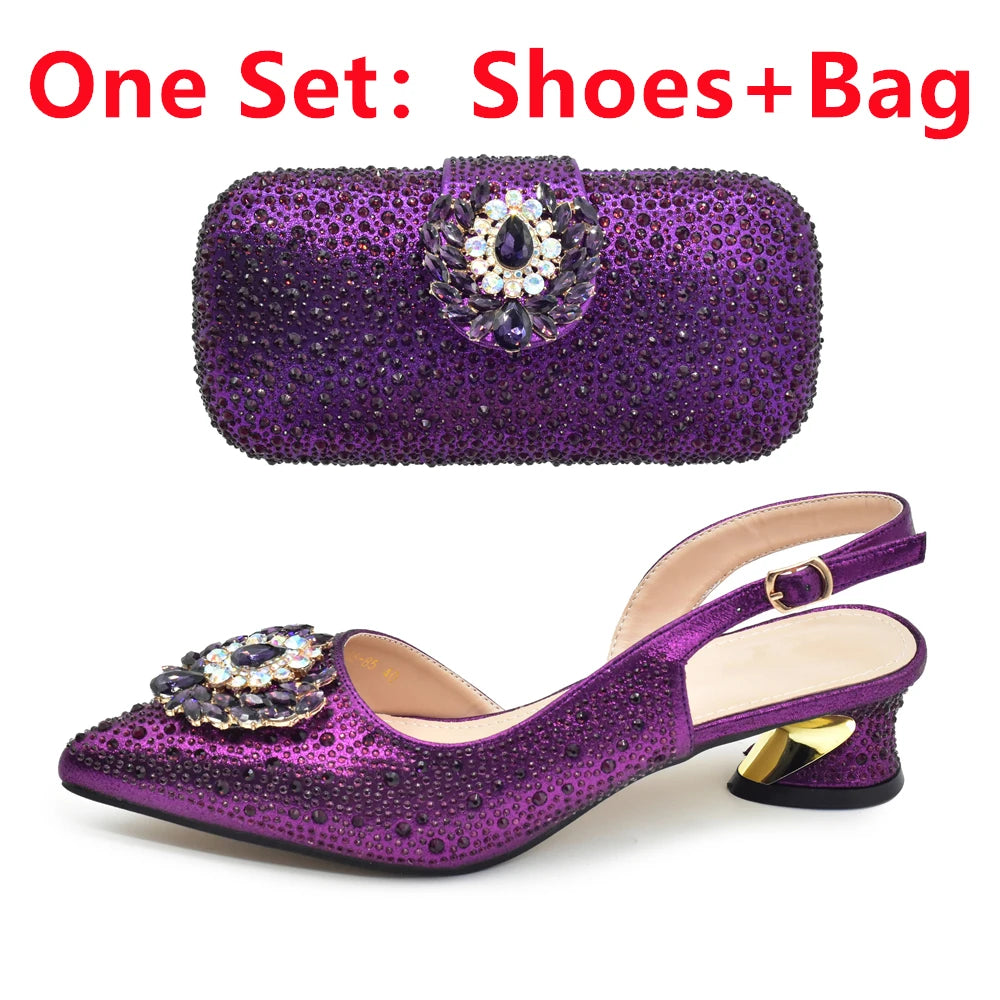 New Italian Shoe and Bag 2025 High Quality Luxury Full Diamond Italian Shoes and Bags Matching Set Decorated with Rhinestone