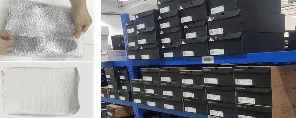 Top left: Person holding bubble wrap. Top right: Stack of black boxes on a blue shelf. Bottom left: Close-up of bubble wrap.