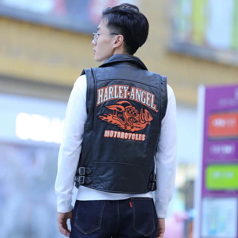 Slim street leather undershirt casual head layer cowhide vest men women couple models motorcycle sleeveless jacket