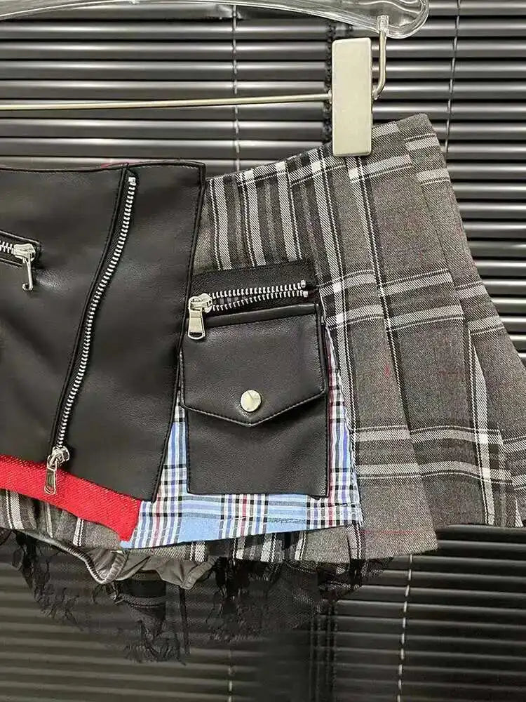DEAT Fashion Trendy Women's Patchwork Plaid Design Pleated Mini Skirts 2025 Summer New High Waist A-line Skirt Female 29L7565