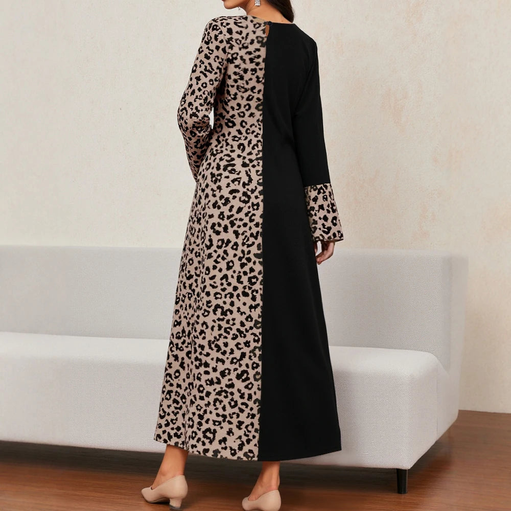 Rafiah Summer Long Dresses 2025 Modest Fashion Leopard Print Patchwork Long Sleeve Crew Neck Midi Shift Dresses For Women