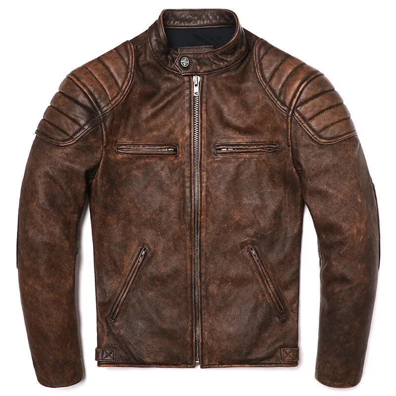 Vintage Camel Yellow Genuine Leather Biker Jacket – Slim Fit Cowhide Men’s Motorcycle Coat