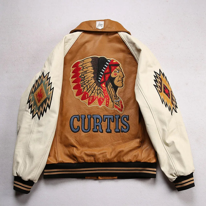 Men large size leather jacket flight suit jacket printed big chief embroidery casual sports yellow cowhide leather jackets tops