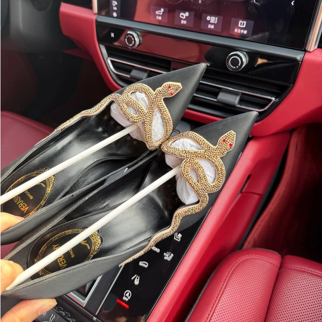 Silver Crystal Snake Wrapped Point Toe Pumps Women Elegant Bling Sole Stilettos Summer Fashion Office Ladies Chic Banquet Pumps