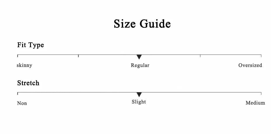 Size guide with fit type and stretch options on a white background