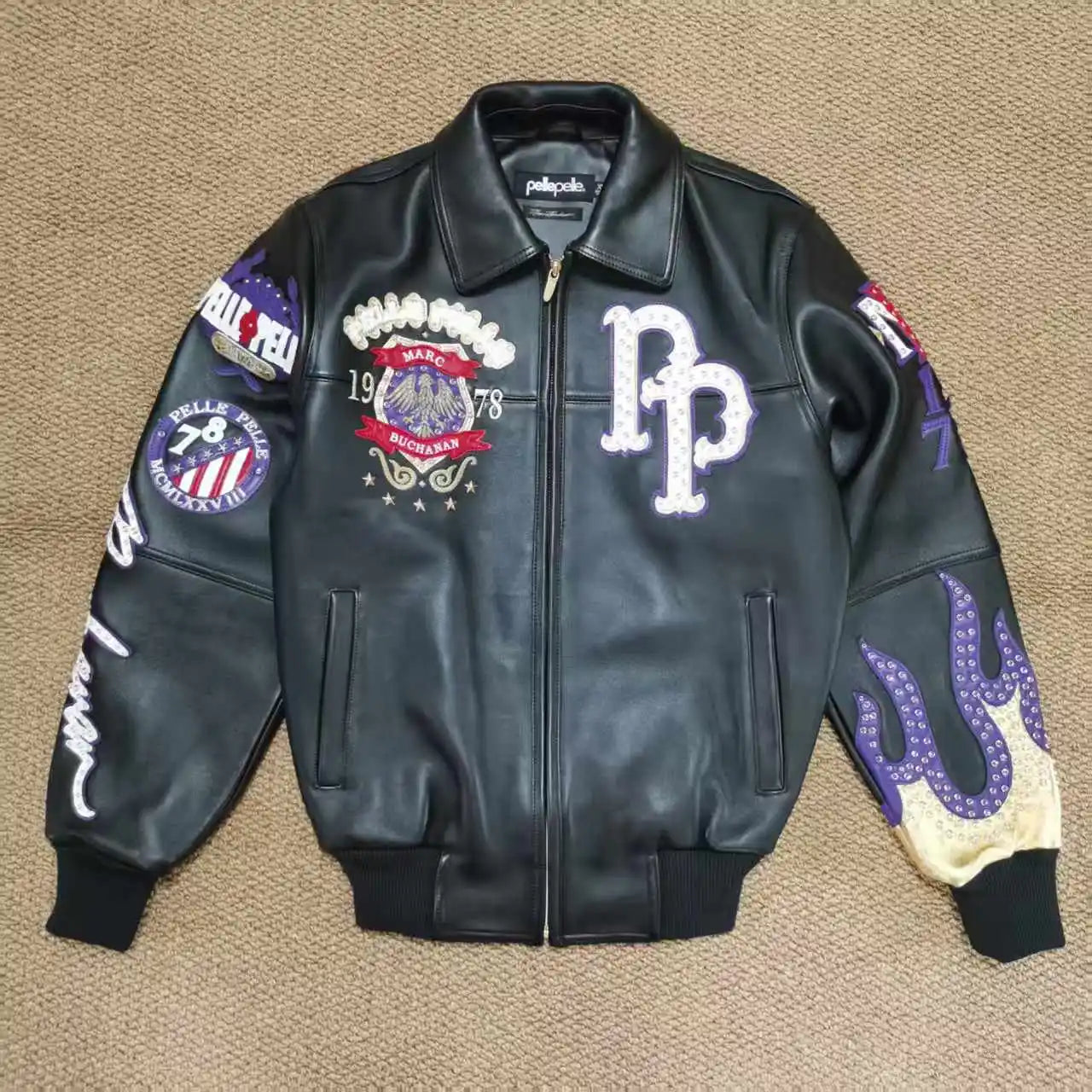US size men's Hip Hop Sheep skin Varsity Jacket Embroidered Diamond Classic Casual Sport genuine leather Coat tops