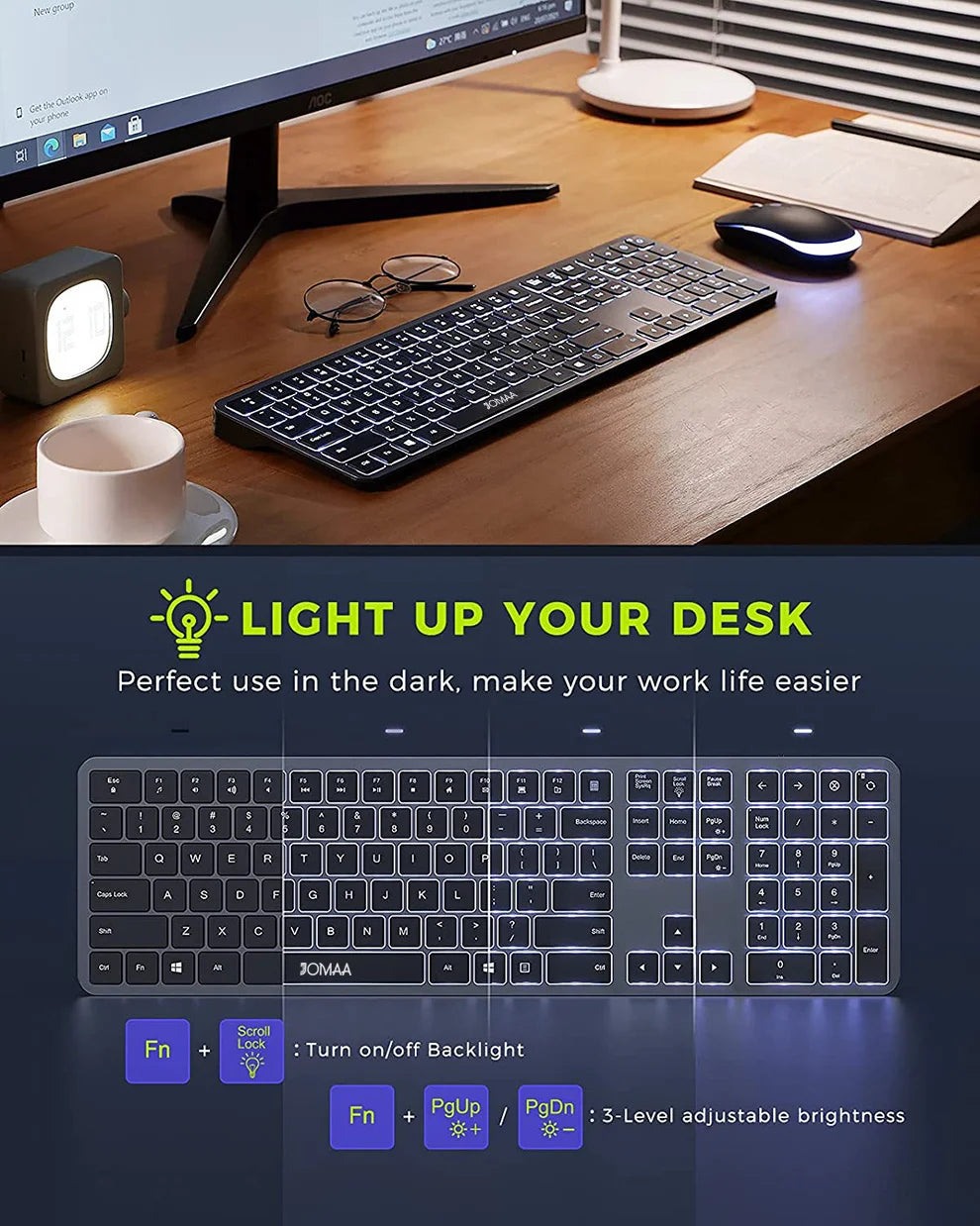 Jomaa Full-Size Backlight Wireless Keyboard and Mouse Combo for Laptop PC USB Silent Click Keyboard Mouse Set Rechargeable Spain