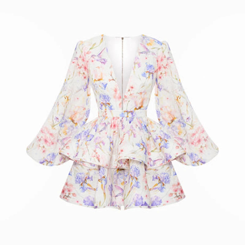 Floral Ruffled Hem Mini Dress – Women’s Deep V-Neck Lantern Sleeve Elegant Party Outfit