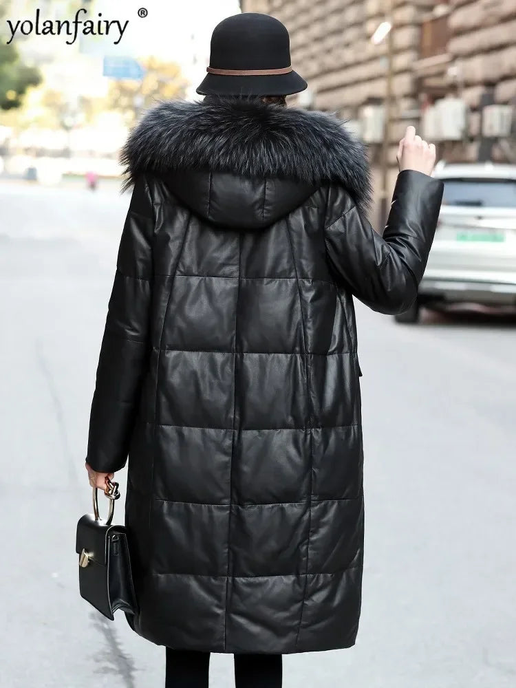 YOLANFAIRY Winter Long Coat Women's Genuine Leather Down Jacket for Women Sheepskin Coats Female Loose Versatile Fur Collar FCY