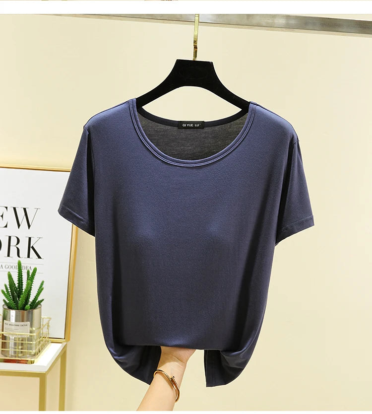 Loose Modal T-irt Women's Spring Summer round Ne ort Sve Built-In Bra Large Size Base irt Casual Sle Summer Top