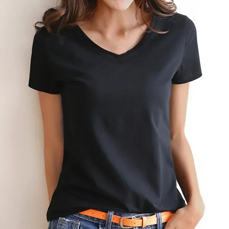Women Short Sleeves T-shirt Bottoming Shirt Round Neck or V Neck Shirt Black White Solid Color Top Homewear T-shirt