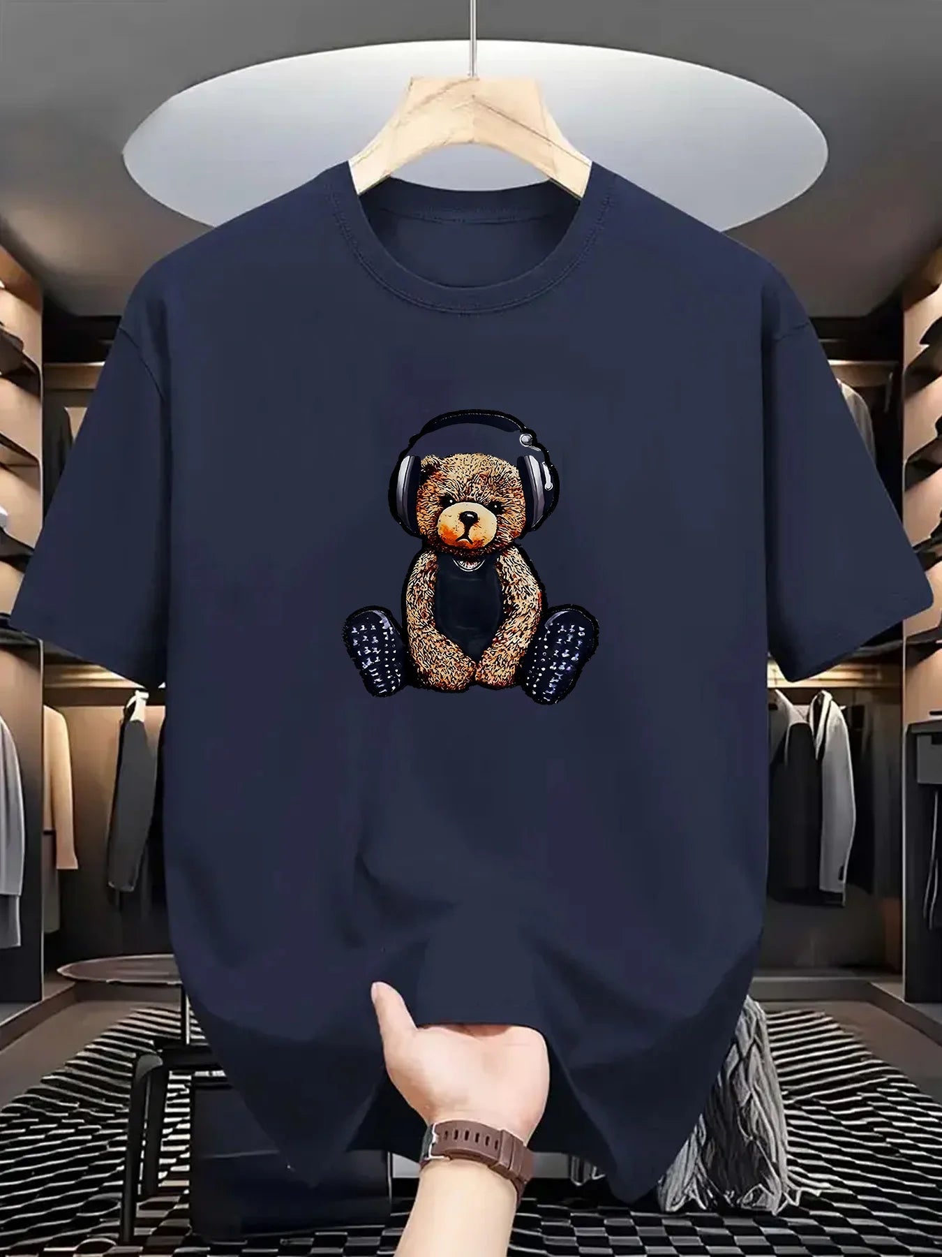 Men's Summer 100% Cotton Fashionable Casual Sports Loose Teddy Bear Headphones Print Round Neck Short Sleeve T-shirt Top