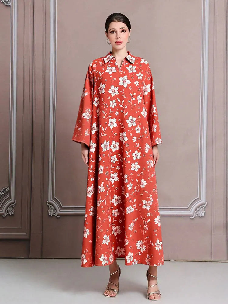 Rafiah Women's Even Dress Arabian 2025 Summer Elegant Flower Full Print Long Sleeve Lapel Midi Draped Long Dress