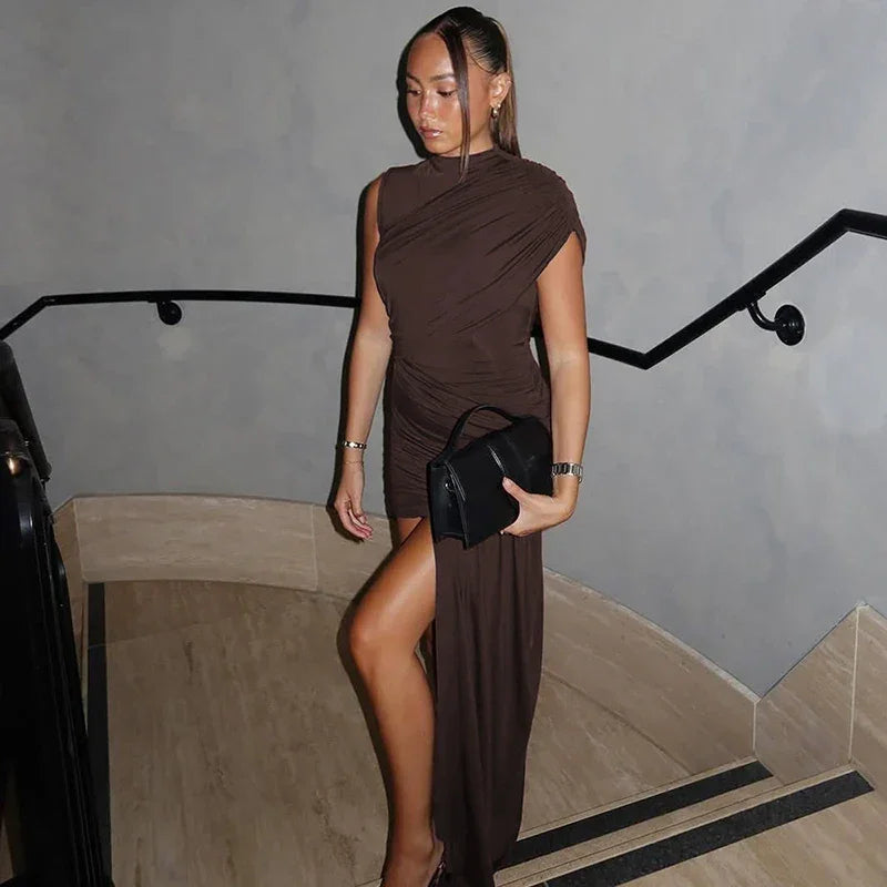 Women's Sleeveless Irregular Draped Ruched Bodycon Party Dress – Elegant Slim Fit, Floor-Length
