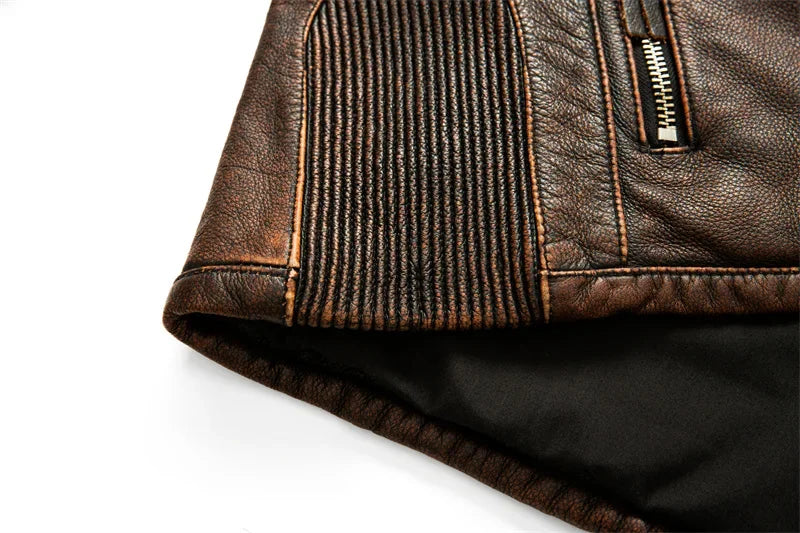 Men's Natural Leather Jacket First Layer Calfskin Stand Collar Motorcycle Jacket Retro Brown Cowhide Jacket Men‘s Biker Clothes