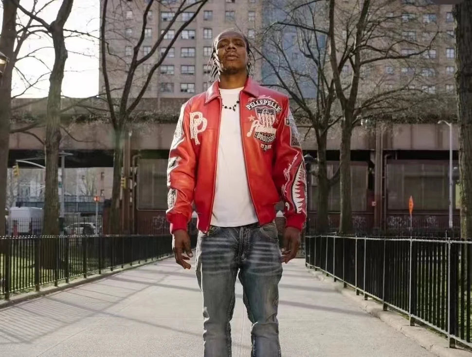 US size men's Hip Hop Sheep skin Varsity Jacket Embroidered Diamond Classic Casual Sport genuine leather Coat tops
