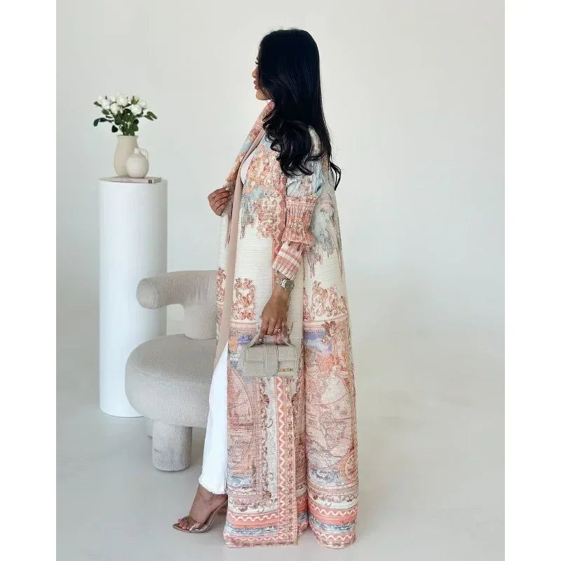 KAF Pleated Women Trench Coat Vintage Printed Cardigan Design Loose Plus Size Women Long Dress Dubai Female Luxury Abaya 2024