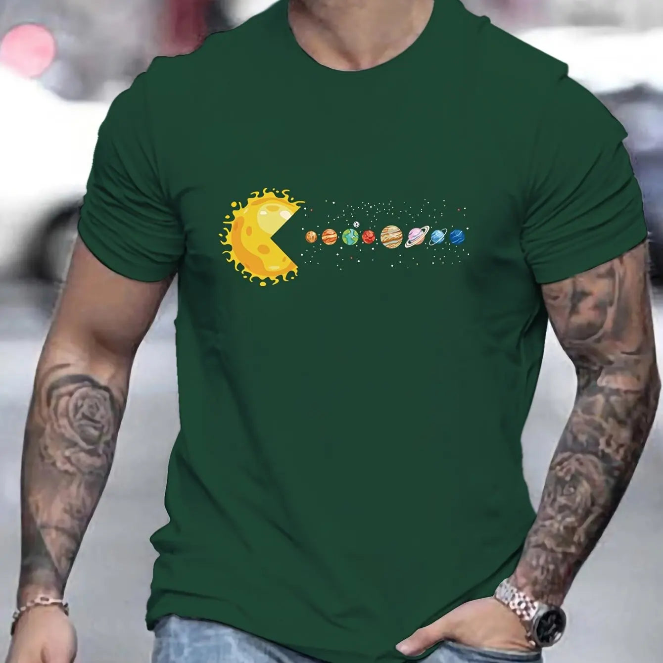 Men's 100% pure cotton summer loose and comfortable casual pac man style sun planets 🪐 eaten printed round neck short sleeved T-shirt top