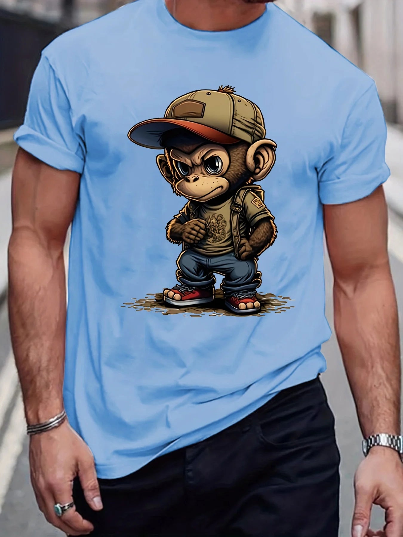 Men's summer 100% pure cotton fashionable sports casual loose cartoon monkey ready to travel 🧳 pattern printed round neck short sleeved T-shirt