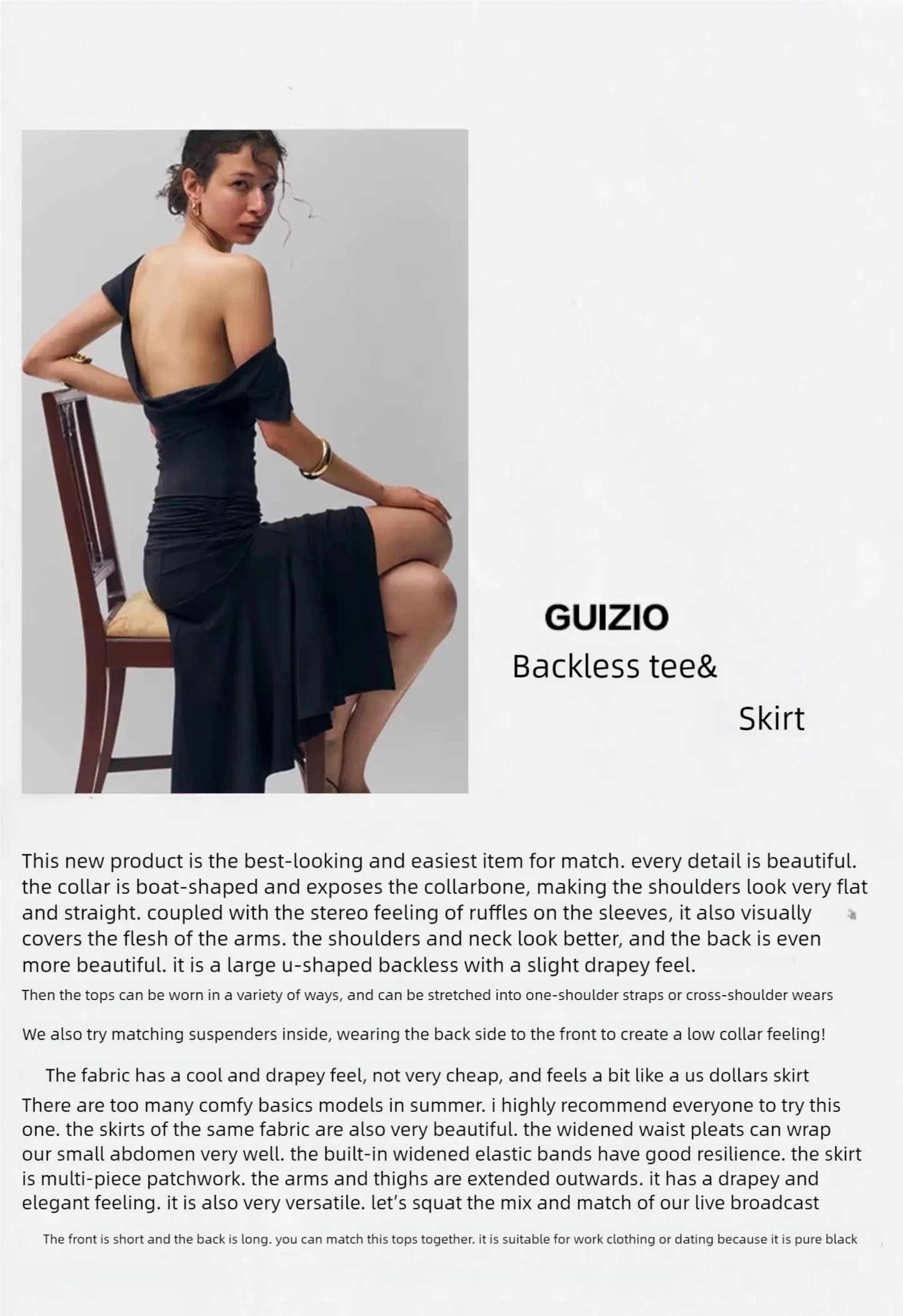 Guizio black low-waist pleated midi skirt with an irregular hemline one-shoulder ruffled short-sleeved top