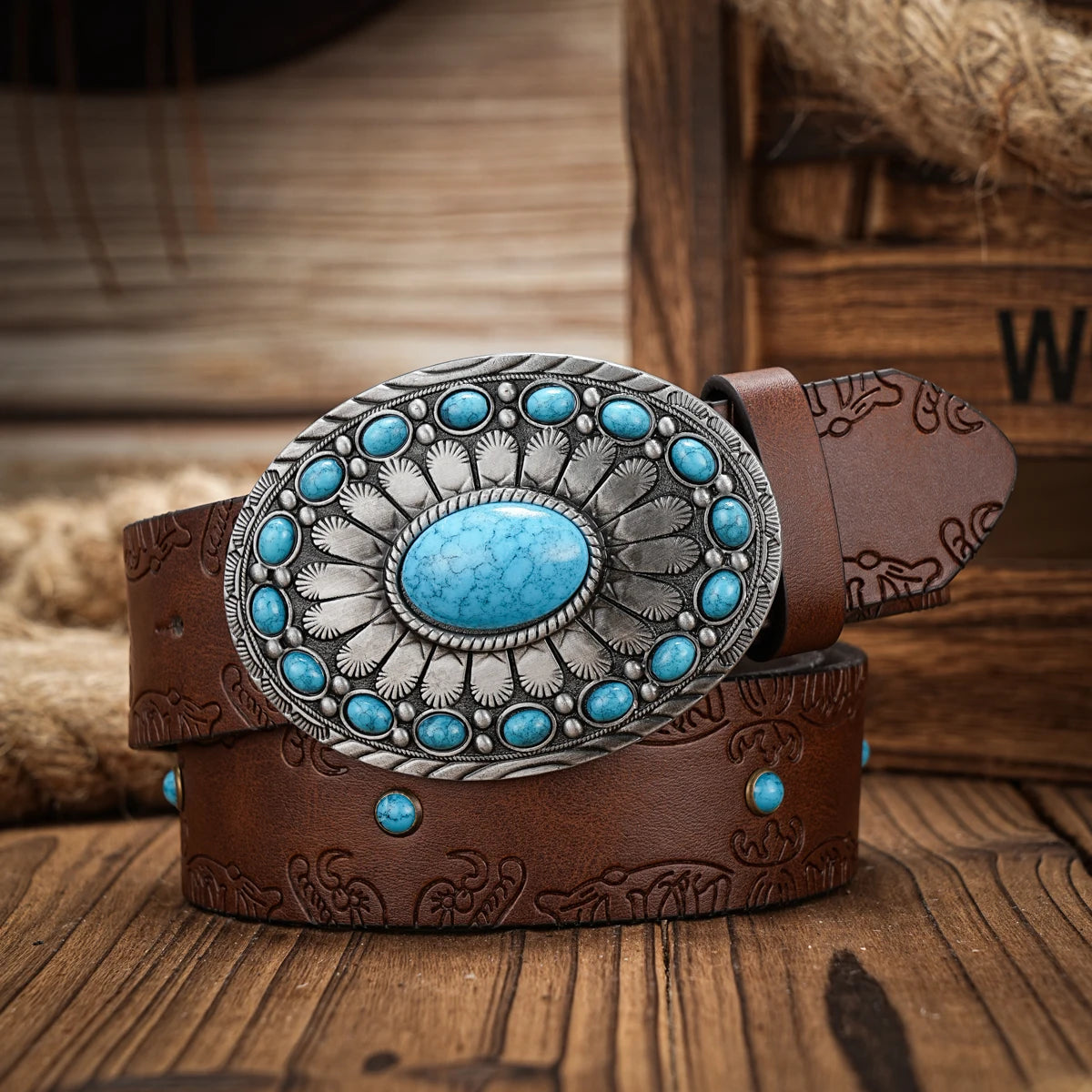 Western Cowboy PU Leather Belt - Men Waist Strap Bull Decoration Floral Engraved for Jeans