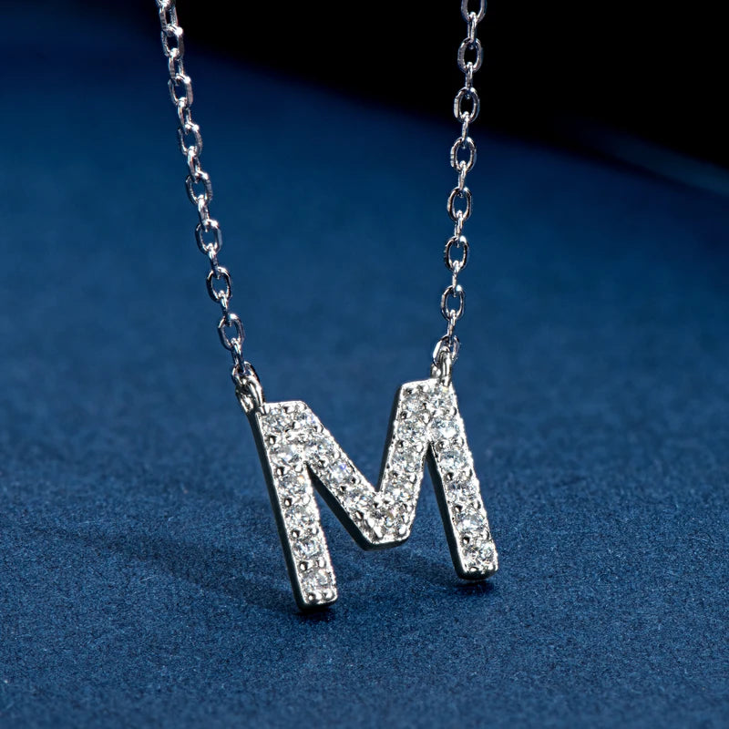 Lnngy Colar Prata 925 Sterling Silver A-Z Alphabet Pendant Necklaces Initial Letter 1.4MM Moissanite Necklace for Birthday Gift