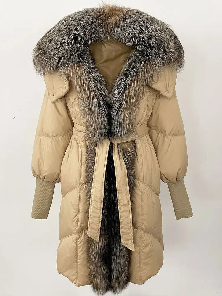 2025 Autumn Winter Women Coat Real Natural Fox Fur Long Down Jacket Thick Warm Casual Hooded White Duck Down Elegant Overwears