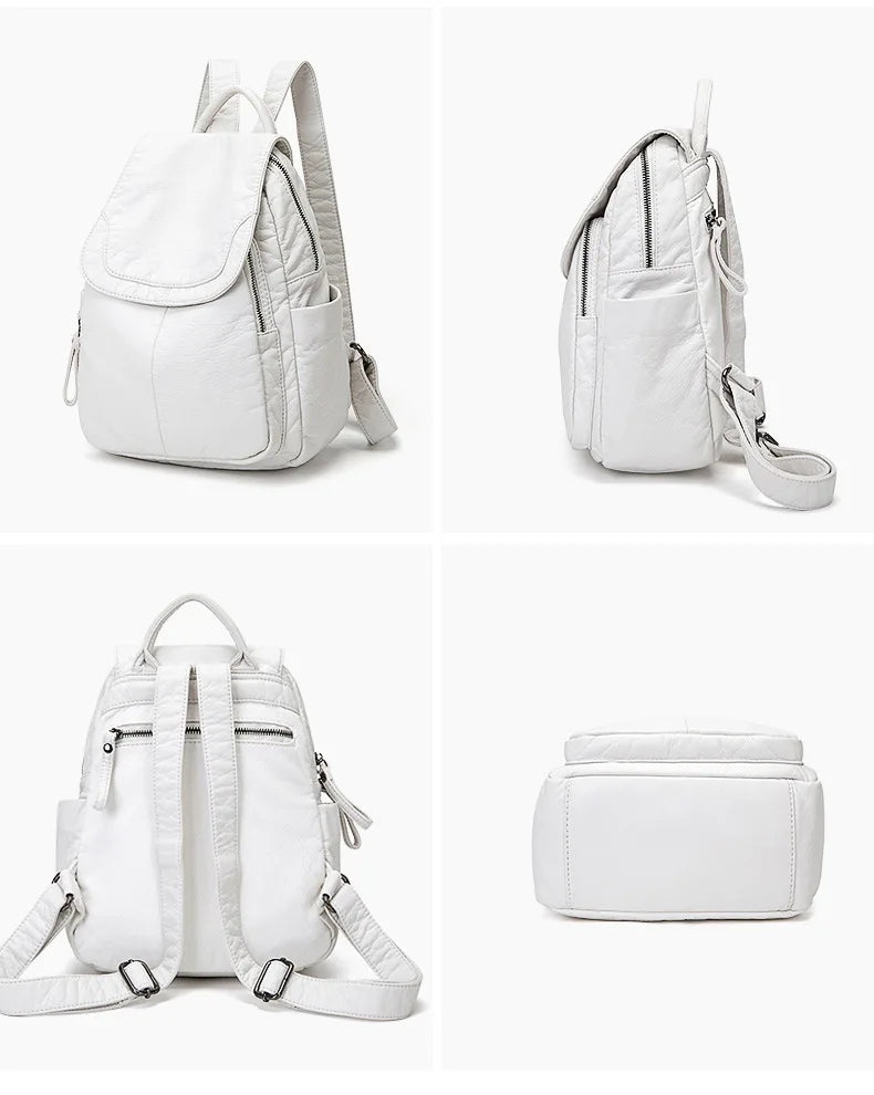 Motaora Women's Backpack White Washed Leather Backpack Female Small School Bags For Teenage Girls All-match Casual Travel Bag