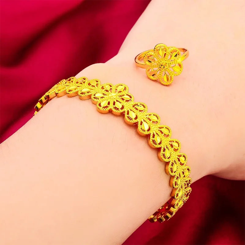 9999 Real Gold 24K Real Gold Bracelet and Ring Set for Women, Leaf Vine Man Style Bracelet, Ring, Gold Jewelry Gift