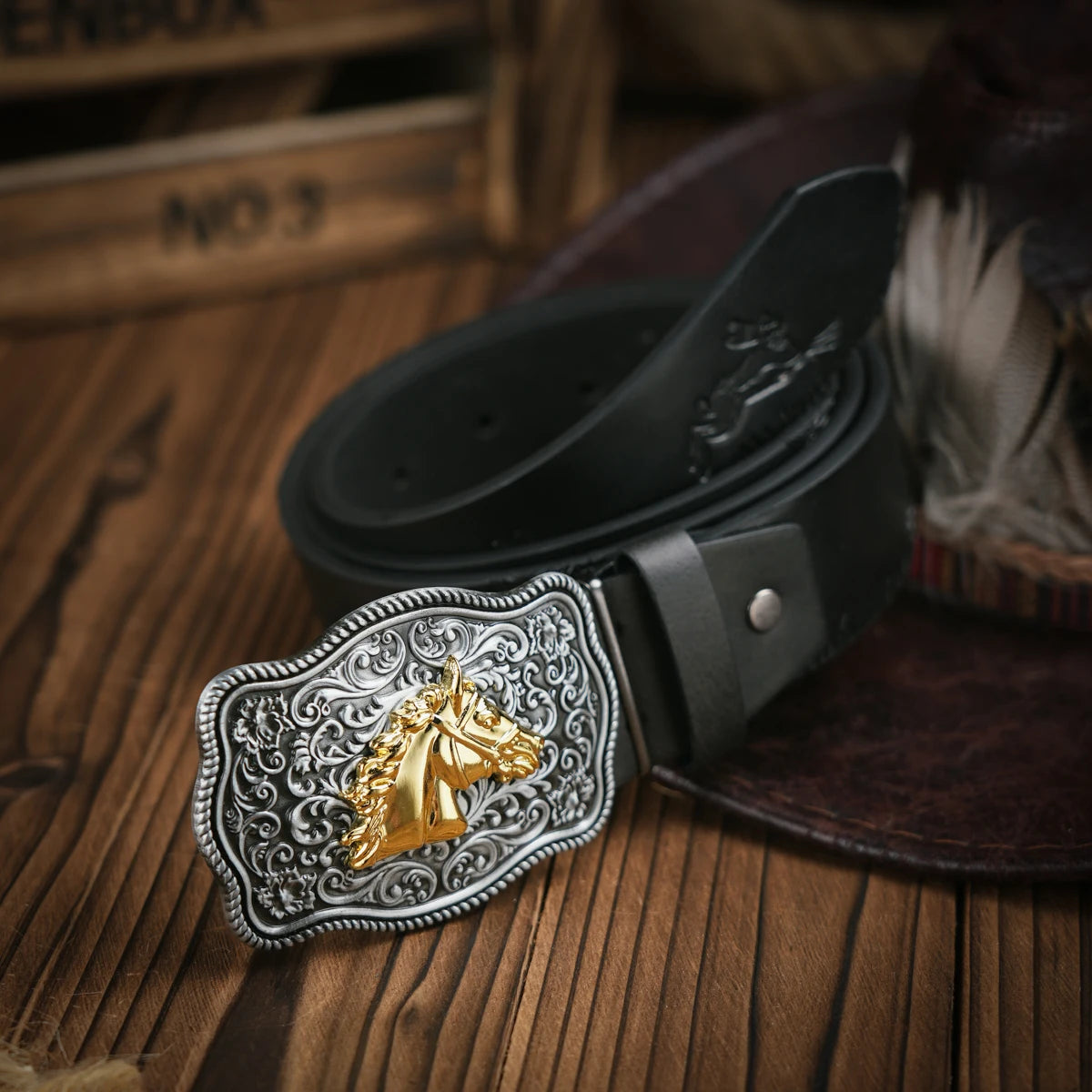 Western Cowboy Leather Buckle Belts Horse Pattern Floral Engraved Buckle Belt for Men