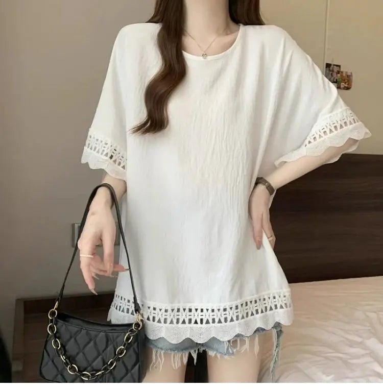 Lace Hollow out Texture ort Sve Women's T-irt Summer plus Size Conceals Belly Slimming Faionable Top Korean Sle